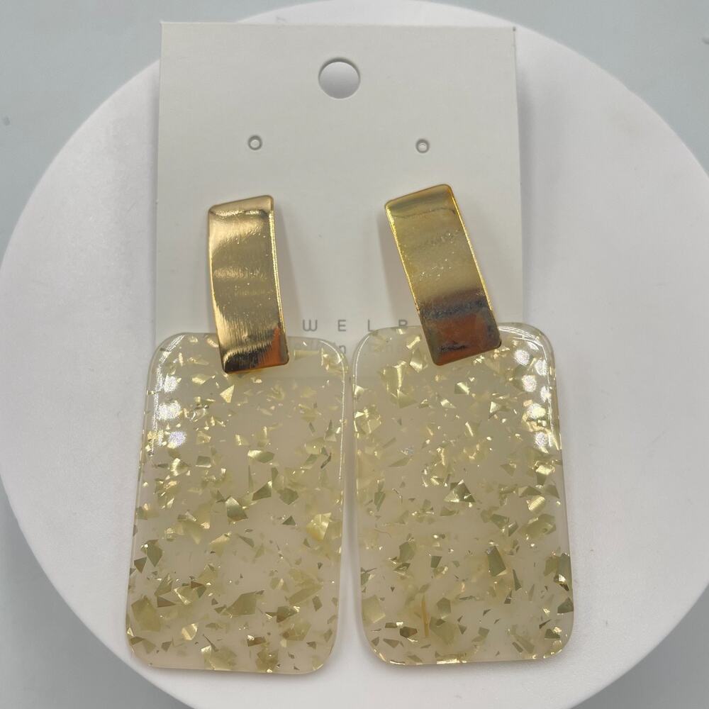 Vintage Y2K Gold Tone Foil Acrylic Confetti Drop Earrings Geometric Retro Resin